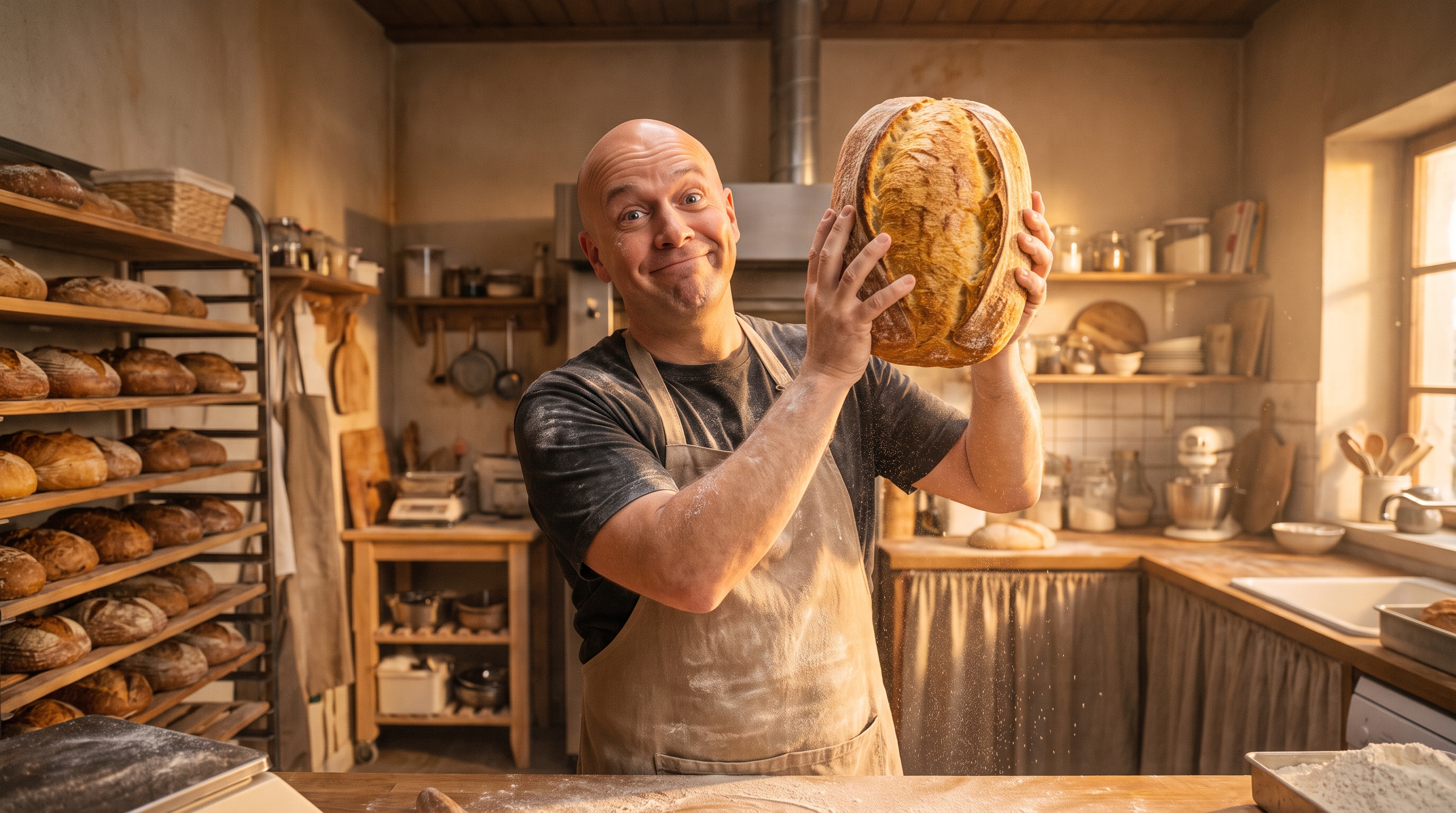 Bruce holding a fresh loaf of bread triumphantly